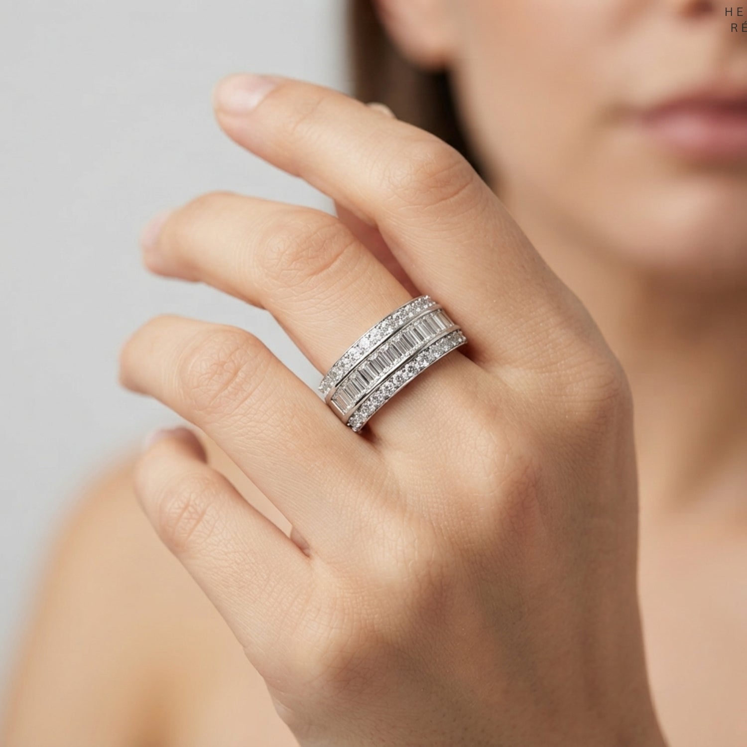 Baguette and Round Cut Triple Row Half Eternity Diamond Band