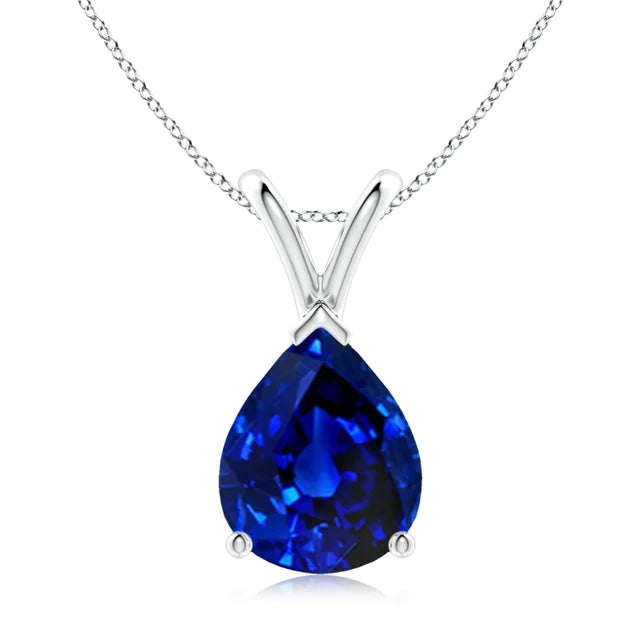 Lab-Grown V-Bale Pear-Shaped Blue Sapphire Solitaire Pendant
