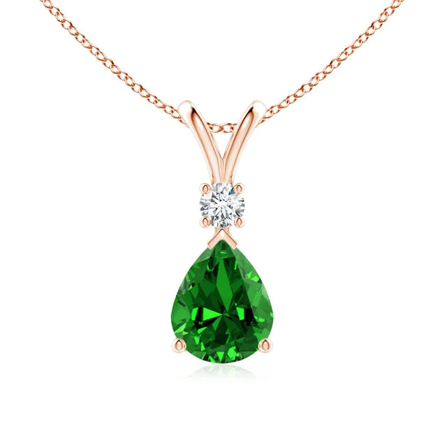 Pear Emerald & Diamond Rose Gold Pendant Necklace