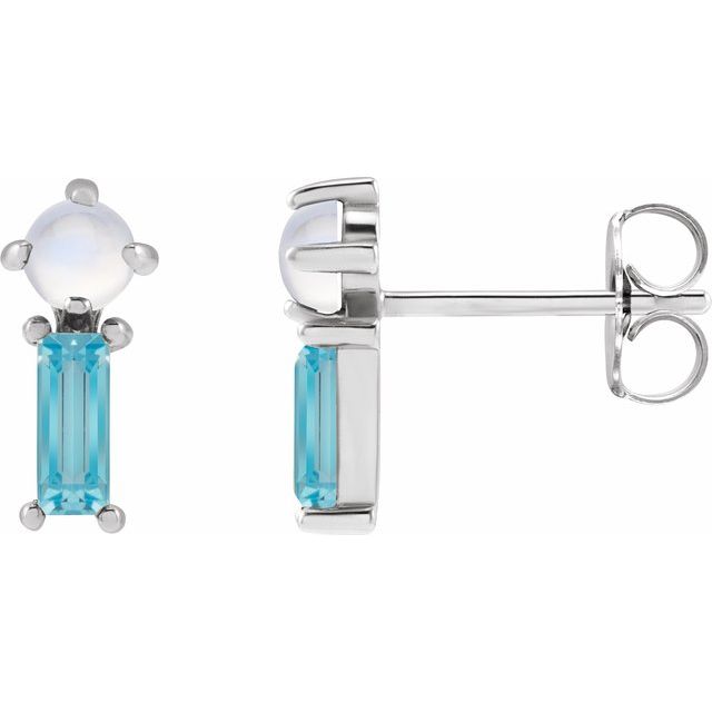 Rainbow Moonstone Round Two-Stone Bar Earrings in Gold and Platinum