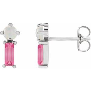 White Opal Round Two-Stone Bar Earrings in Gold and Platinum