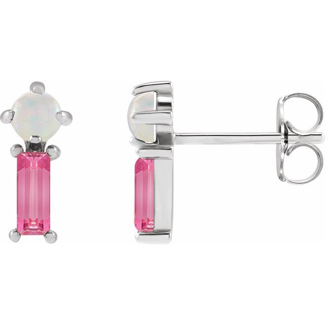 White Opal Round Two-Stone Bar Earrings in Gold and Platinum