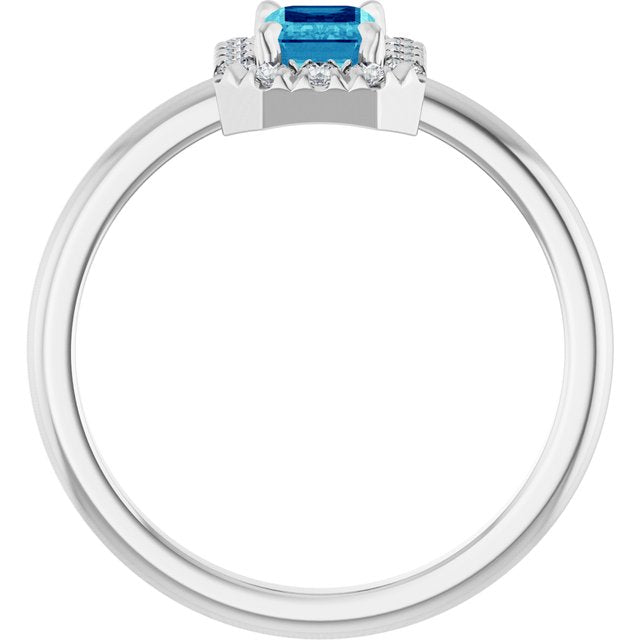 Emerald Blue Zircon & Diamond Halo Ring in Gold and Platinum