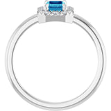 Emerald Blue Zircon & Diamond Halo Ring in Gold and Platinum