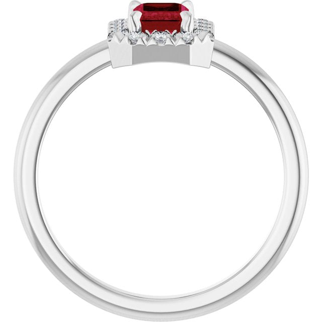 Emerald Lab-Grown Ruby & Diamond Halo Ring in White Gold