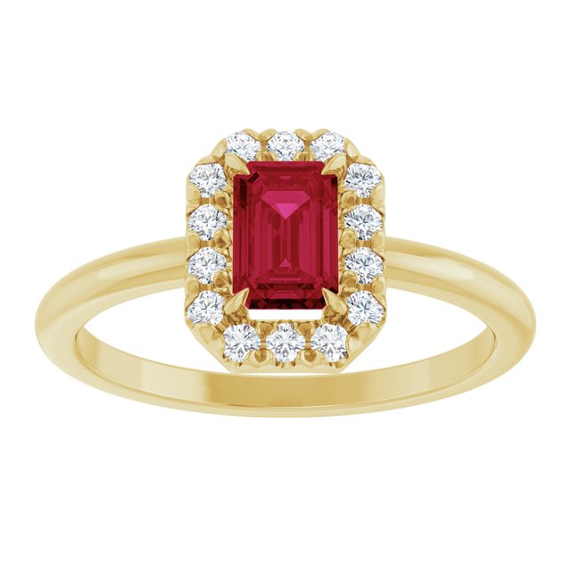 Emerald Ruby Halo Ring with Diamond Accents in Gold and Platinum