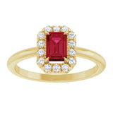 Emerald Ruby Halo Ring with Diamond Accents in Gold and Platinum