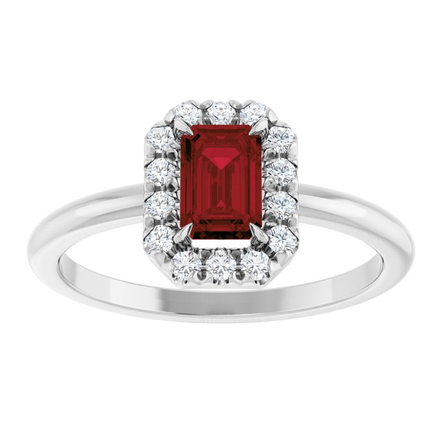 Emerald Mozambique Garnet & Diamond Halo Ring in White Gold