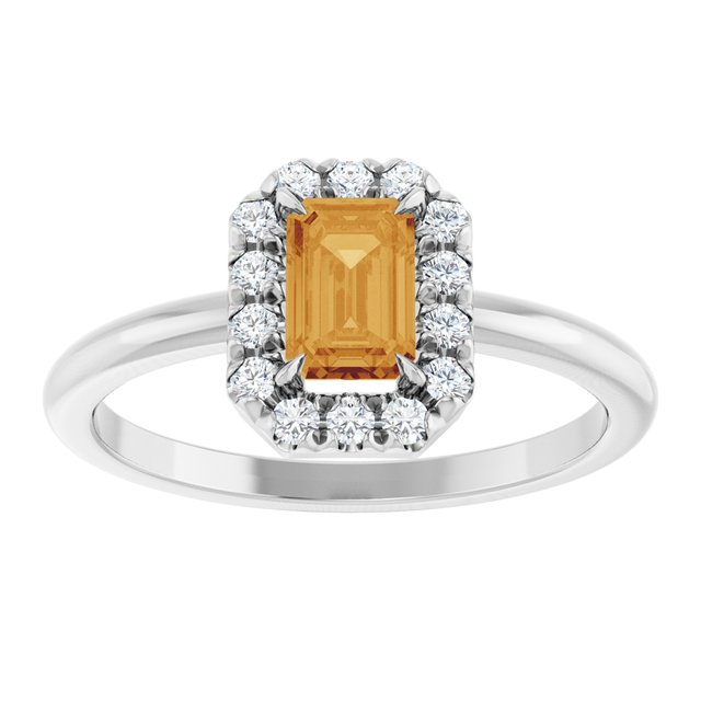 Emerald Citrine Halo Ring with Diamond Accents in White Gold