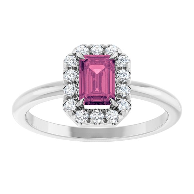 Emerald Pink Tourmaline & Diamond Halo Ring in White Gold