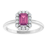 Emerald Pink Tourmaline & Diamond Halo Ring in White Gold