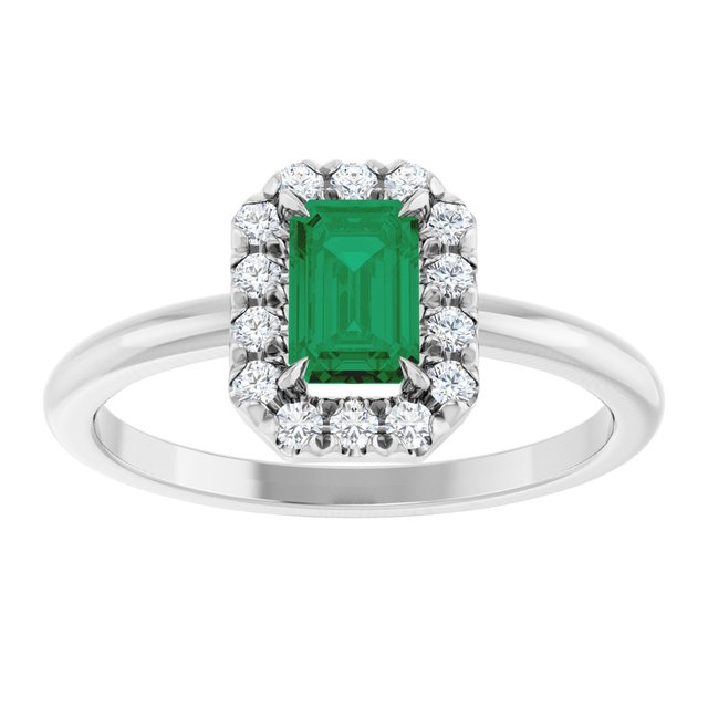 Emerald Emerald Halo Ring with Diamond Accents in White Gold