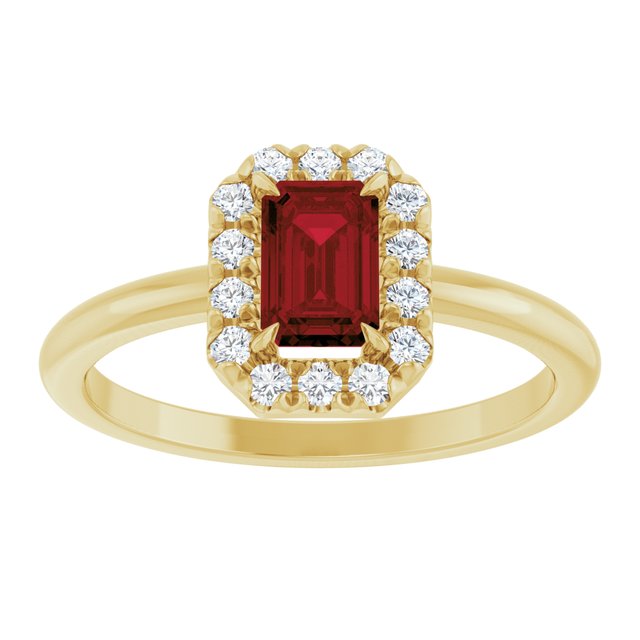 Emerald Mozambique Garnet & Diamond Halo Ring in Yellow Gold