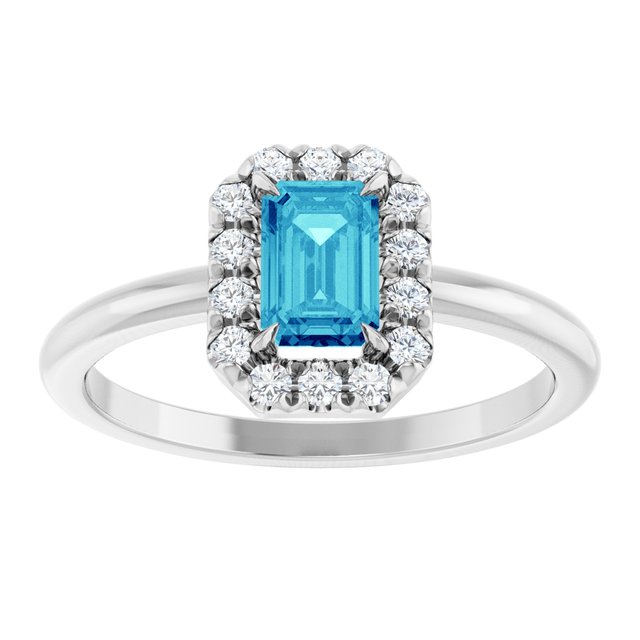 Emerald Blue Zircon & Diamond Halo Ring in Gold and Platinum