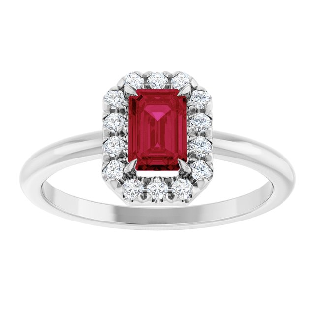 Emerald Lab-Grown Ruby & Diamond Halo Ring in White Gold