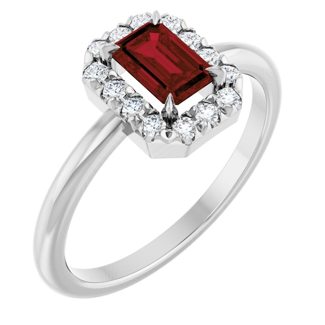 Emerald Mozambique Garnet & Diamond Halo Ring in White Gold