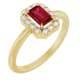 Emerald Ruby Halo Ring with Diamond Accents in Gold and Platinum