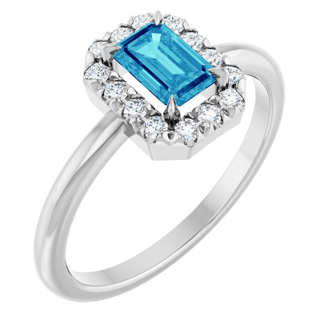 Emerald Blue Zircon & Diamond Halo Ring in Gold and Platinum
