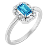 Emerald Blue Zircon & Diamond Halo Ring in Gold and Platinum