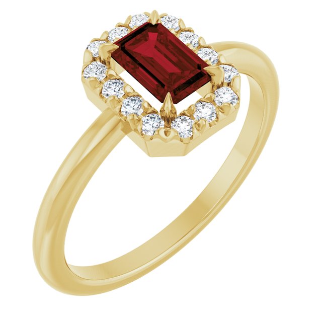 Emerald Mozambique Garnet & Diamond Halo Ring in Yellow Gold