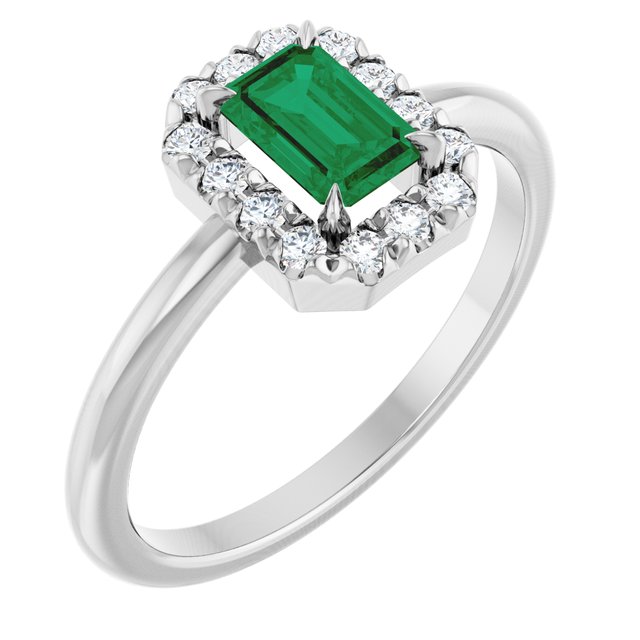 Emerald Emerald Halo Ring with Diamond Accents in White Gold