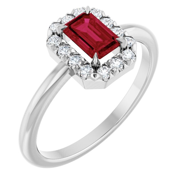 Emerald Lab-Grown Ruby & Diamond Halo Ring in White Gold