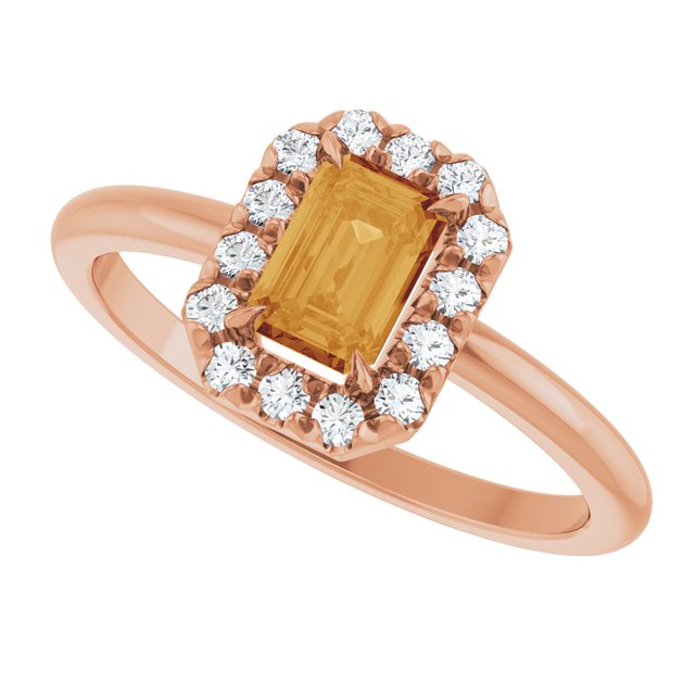 Emerald Citrine Halo Ring with Diamond Accents in Rose Gold