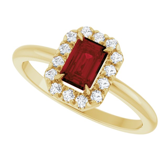 Emerald Mozambique Garnet & Diamond Halo Ring in Yellow Gold