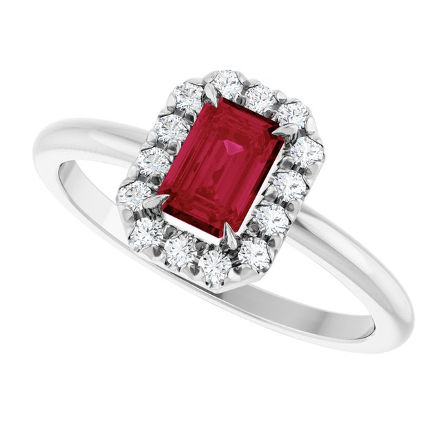 Emerald Lab-Grown Ruby & Diamond Halo Ring in White Gold