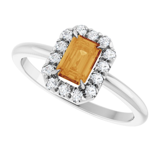 Emerald Citrine Halo Ring with Diamond Accents in White Gold