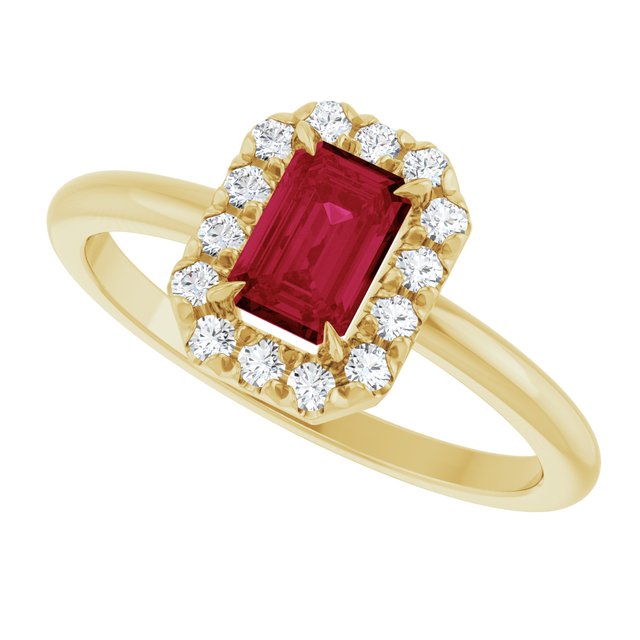 Emerald Ruby Halo Ring with Diamond Accents in Gold and Platinum