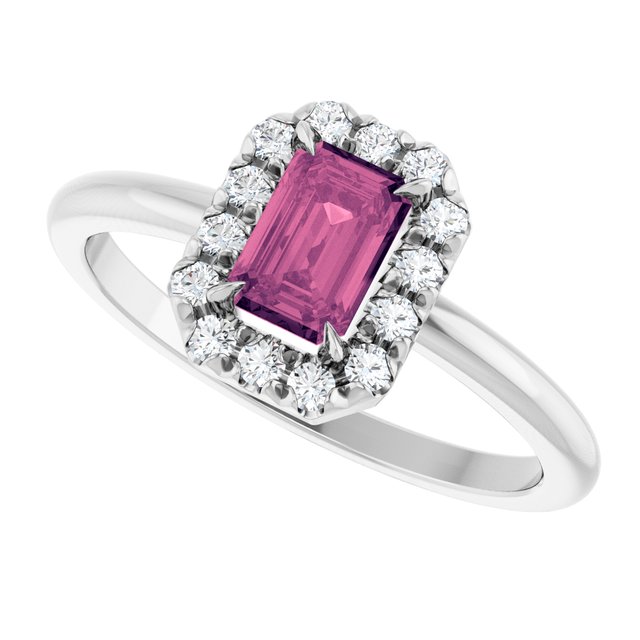 Emerald Pink Tourmaline Halo Ring with Diamond Accents in Platinum