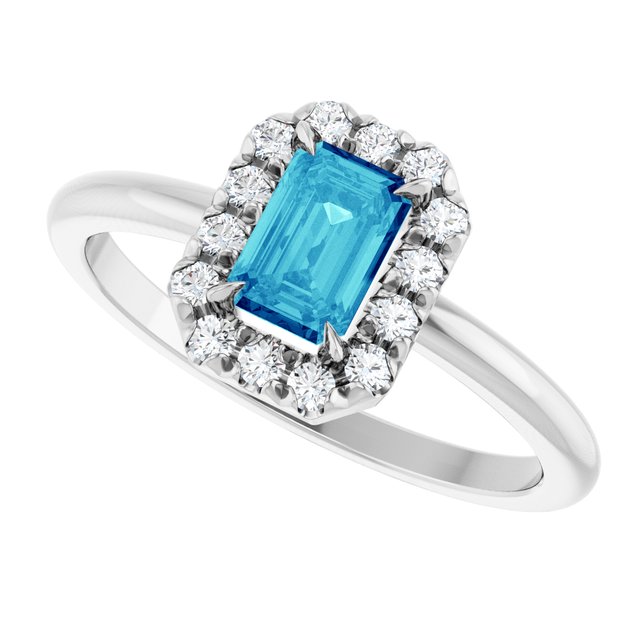 Emerald Blue Zircon & Diamond Halo Ring in Gold and Platinum