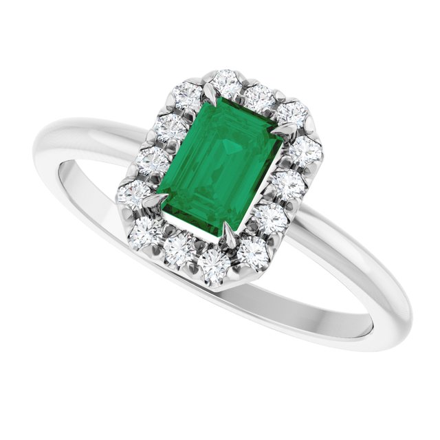 Emerald Emerald Halo Ring with Diamond Accents in White Gold