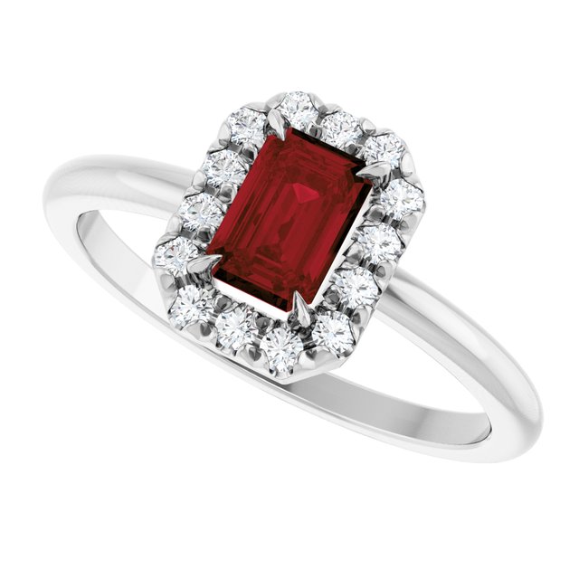 Emerald Mozambique Garnet & Diamond Halo Ring in White Gold