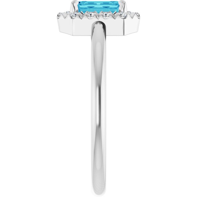 Emerald Blue Zircon & Diamond Halo Ring in Gold and Platinum