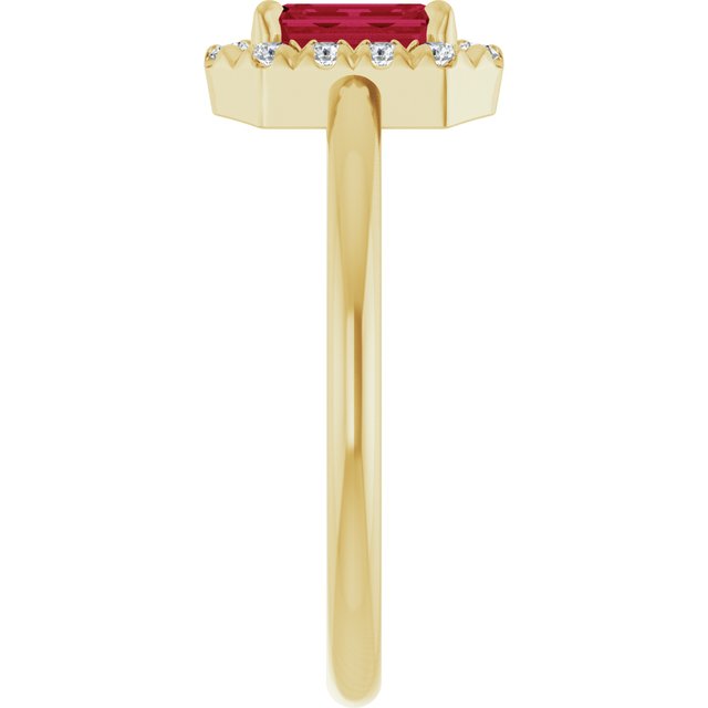 Emerald Ruby Halo Ring with Diamond Accents in Gold and Platinum