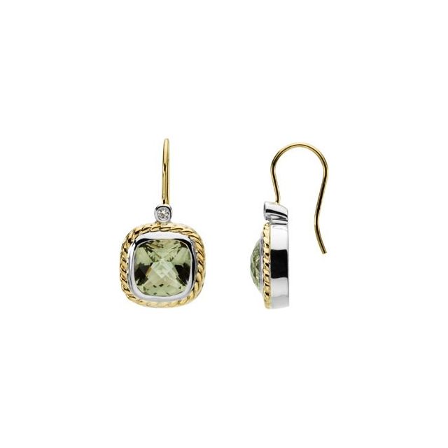 Green Quartz & Diamond Cushion Stud Earrings in Gold and Platinum