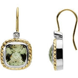 Green Quartz & Diamond Cushion Stud Earrings in Gold and Platinum