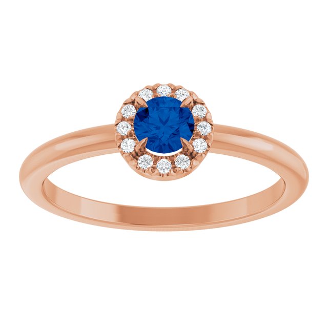 Round Blue Sapphire Halo Ring with Diamond Accents in Gold