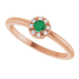 Round Emerald Halo Ring with Diamond Accents in Gold and Platinum
