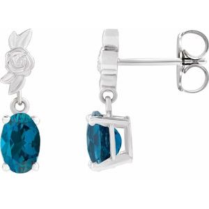 London Blue Topaz Oval Floral Stud Earrings in Gold and Platinum