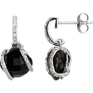 Black Onyx & Diamond Cushion Stud Earrings in Gold and Platinum