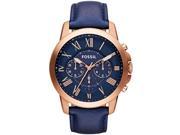 Fossil Grant Chronograph Blue Dial SS Leather Quartz Mens Watch FS4835