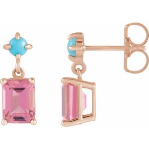 Pink Tourmaline Emerald Stud Earrings in Gold and Platinum
