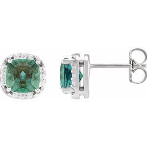 Alexandrite & Diamond Cushion Halo Stud Earrings in Gold and Platinum
