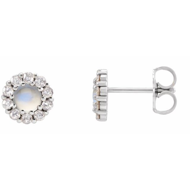 Rainbow Moonstone & Diamond Round Halo Stud Earrings in Gold and Platinum