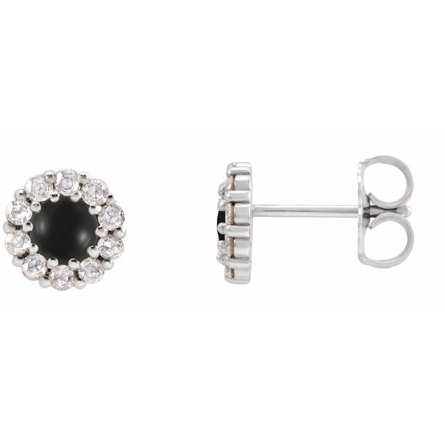 Black Onyx & Diamond Round Halo Stud Earrings in Gold and Platinum
