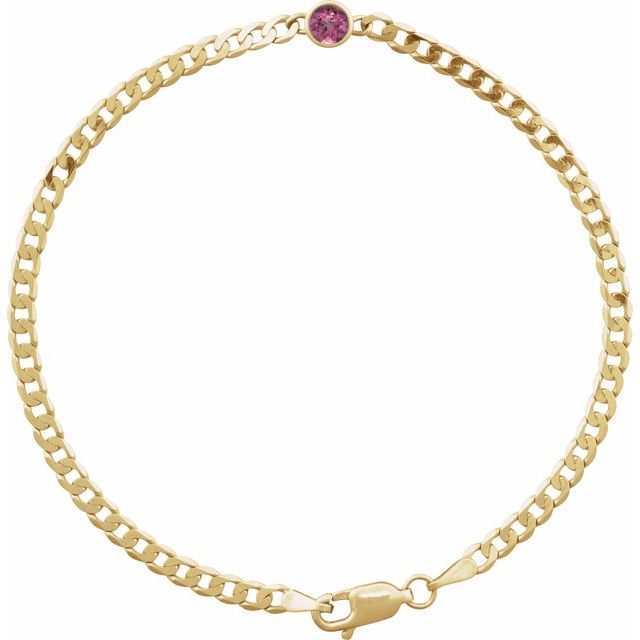 Round Natural Pink Tourmaline Bezel-Set Solitaire Curb Link Bracelet In Gold & Platinum