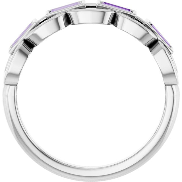 Straight Baguette Lab-Grown Purple Sapphire Accented Ring in Platinum